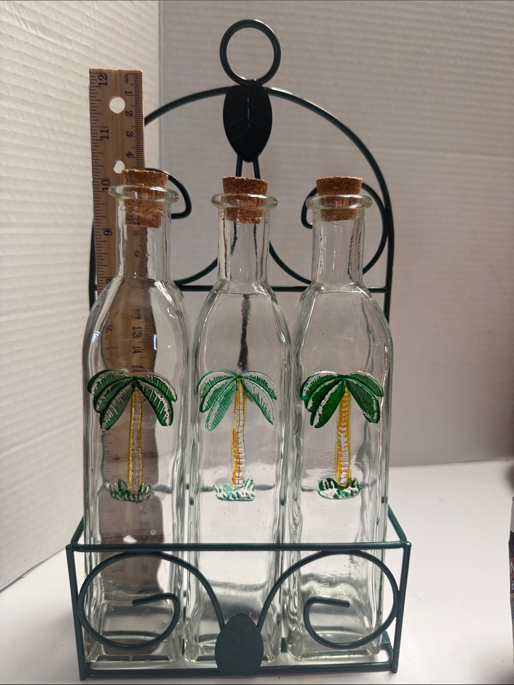 Palm Tree Glass Bottle Set with Metal Carrier - Clear, Green, Yellow - Picture 4 of 4